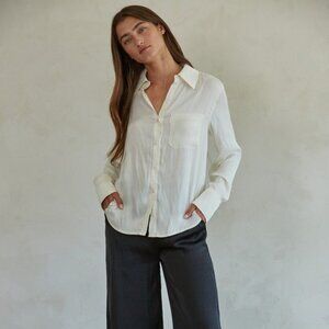 Sleek and Chic Ivory Satin Collared Long Sleeve Button Down Blouse